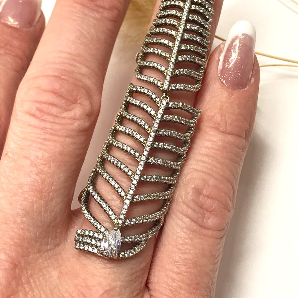 Vintage Pave Crystal Knuckle Full Finger Feather Ring 925 Sterling Silver - Picture 9 of 15